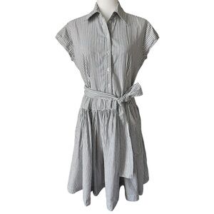 Norma Kamali Striped Drop Waist Cotton Button Down Tie Waist Mini Dress Size M
